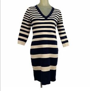 ETC Vneck sweater dress navy tan striped stretch